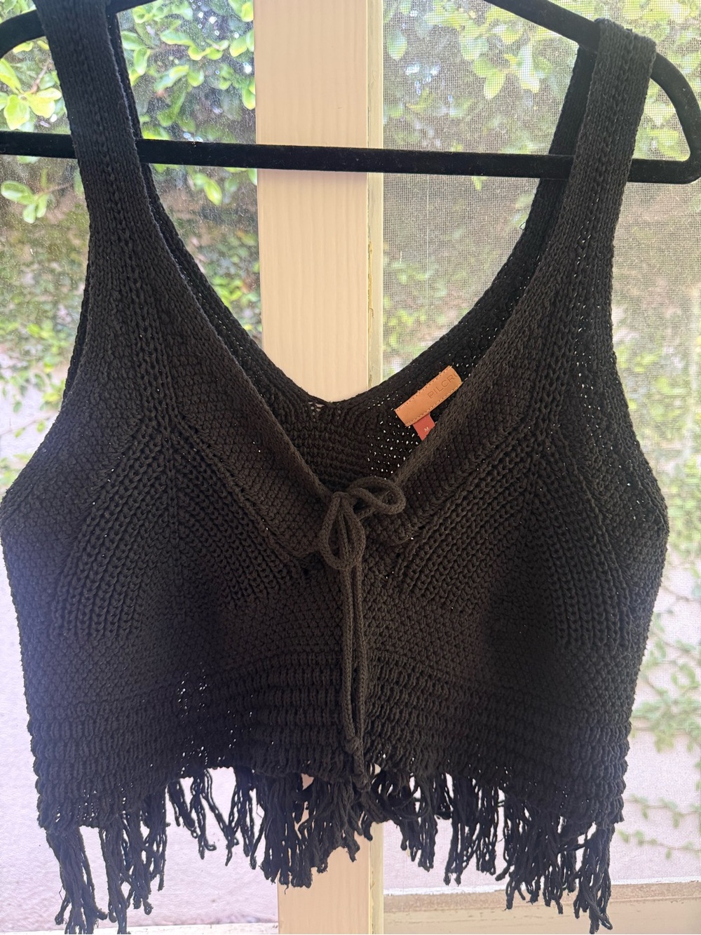 Anthropologie Pilcro Black Crochet Fringe Crop Tank Top
